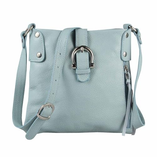 Made in Italy Damen Leder Tasche Schultertasche Crossover Handtasche Umhängetasche Bodybag Abendtasche Crossbody Ledertasche Hellblau