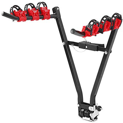 Car Carrier Heavy Duty Steel Car Tail Bike Rack Tow Mount Hanger for SUV Van Truck Automobile Accessory V Shape Frame Assembly with 3 Red Hooks and 6 Black Belt Buckles