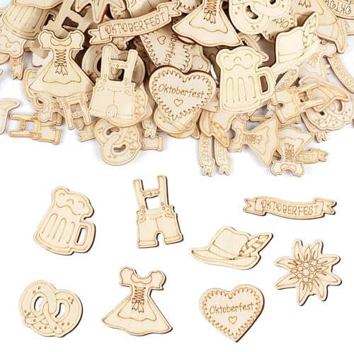 200 Stück Oktoberfest Streudeko Holz, Bierhut- und Kleid-Motiven, Holz Konfetti Edelweiß Bier Hut Kleid, für Bayrische Oktoberfest Partys, 3-4cm Oktoberfest Deko