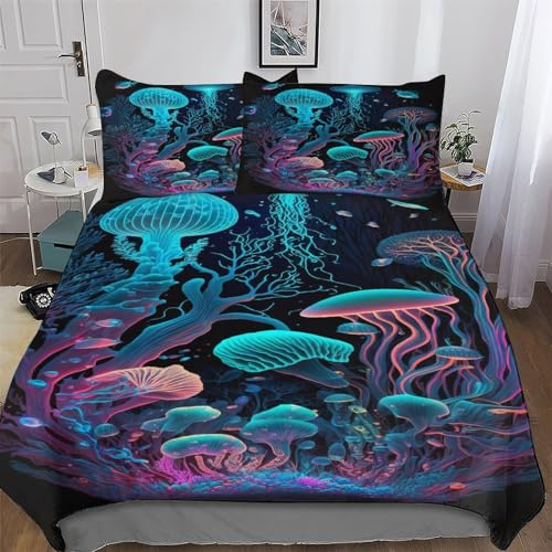 LCWWW Leuchtendes Meeresleben Bettwäsche 3D Bettbezug Für Jungen Mädchen 2 teilig Bettbezüge Atmungsaktive Mikrofaser Deckenbezug Mit Kissenbezug Single(135x200cm)