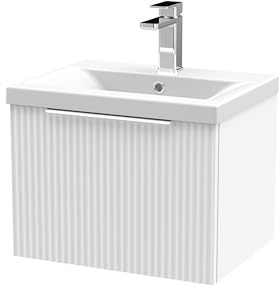 Balterley Vanity Unit with Basin Wall Hung, Single Drawer Soft Close with Mid Edge Sink and Handle, Bathroom Vanity Units with Basin, Fluted Front Sink Cabinet - 510 x 390 x 399mm (White)