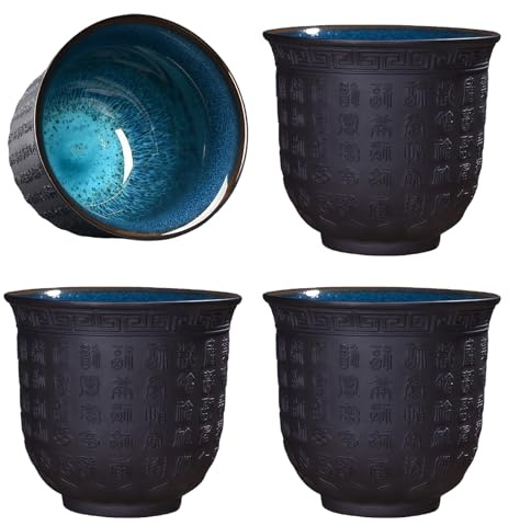 Japanische Teetasse 4er Set, Violette Sandbecher Buddhistische Herz-Sutra Muster Kleine, Tasse Teetassenset Ohne Henkel Für Zuhause, Geschenke, Büro, Sake Cups Teetassen