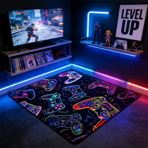KUWUNG Gaming Rug for Boys Bedroom 120×160cm, Colorful Gaming Area Rugs, Washable, Rubber Anti-Slip, Printed Controller, Boys Bedroom Rugs for Bedroom Living Playroom Decor