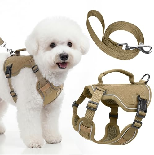 Ledeak Hundegeschirr Kleine Hunde mit Leine, Welpengeschirr Weich Mesh für Spaziergänge, Verstellbar No Pull Dog Harness, Anti Zieh Geschirr für Hunde Training & Spazieren (Khaki, XXXS)