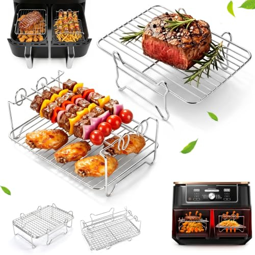 Edelstahl Grillrost Airfryer für Ninja & COSORI Dual Zone 7,6L-10,4L | 2 Stück Heißluftfritteuse Zubehör, Gitter Stapelbar mit 4 Spießen, für Ninja AF400EU / AF500EU / SL400EU & COSORI 8,5L/10L