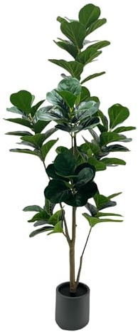 Aptliton 150CM Lifelike Artificial Fiddle Leaf Fig Tree with Real Wood Trunk, Maintenance-Free Indoor Decor, Floor Standing Plant for Home or Office – Gray Explosion-Proof Pot + Stone