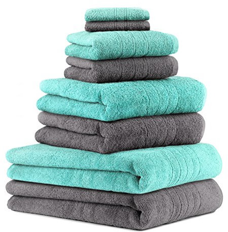 Betz 8-TLG. Handtuch-Set Deluxe 100% Baumwolle 2 Badetücher 2 Duschtücher 2 Handtücher 2 Seiftücher Farbe anthrazit grau und türkis