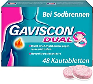 GAVISCON Dual 250 mg / 106,5 mg / 187,5 mg Kautabletten – Bei Sodbrennen und Magendruck – Wirkt bis zu 4 Stunden – Packung mit 48 Tabletten