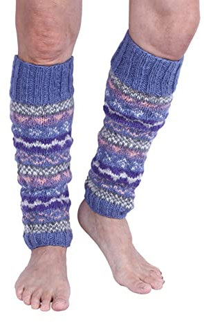 Pachamama Women 100% Wool Legwarmer Handknitted Fair Isle Pattern Violet Multicoloured Regular Fit Handmade Extra Warm
