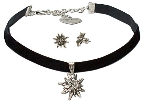Alpenflüstern Trachtenschmuck-Set Trachten-Samt-Kropfband und Ohrstecker Strass-Edelweiß - Damen-Trachten-Schmuck, Trachtenset Trachtenkette und Trachten-Ohrringe schwarz SET016