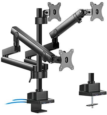 Maclean MC-811 3-Fach Monitorhalter mit Gasfeder Tischhalterung Monitorarm Monitorständer VESA 75x75 100x100 17-27 Für 3 Monitore + 2X USB 3.0