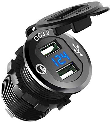 ZYTC Quick Charge 3.0 Car Charger 12V/24V 36W Aluminum Black Waterproof Dual QC3.0 USB Fast Charger Socket Power Outlet with Blue LED Digital Voltmeter for Marine, Boat, Motorcycle, Truck, Golf Cart