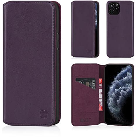32nd Classic Series 2.0 - Real Leather Book Wallet Flip Case Cover For Apple iPhone 11 Pro (5.8), Real Leather Design With Card Slot, Magnetic Closure and Built In Stand - Aubergine