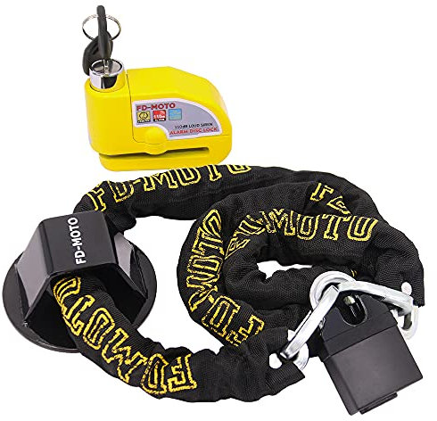 FD-MOTO 3.9KG 1.8M*10mm Chain Lock + Alarm Brake Disc Lock Yellow + Ground Anchor Heavy Duty for Motorbike Motorcycle Scooter Bike Bicycle ATV