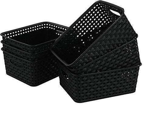 Eudokky Black Plastic Woven Baskets for Storage, Set of 6 Small Basket Bins