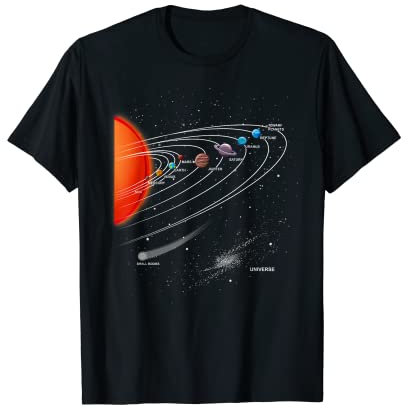 Sonnensystem Planeten Milchstraße Astronomie T-Shirt mit Planetensystem Design für Herren in Schwarz, Größe S, Klassische Passform, Halbarm, Crew-Ausschnitt, Baumwolle 60%, Polyester 40%
