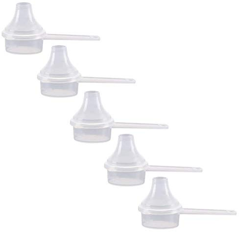 The Scoopie, 9 cc | 2 Teaspoon | 9 mL, Plastic Short Handle Scoop with Attached Funnel, Measuring Spoons for Powders, Coffee, Pet Food, Protein, Spices and Other Dry Goods (5 Pack, Opaque)