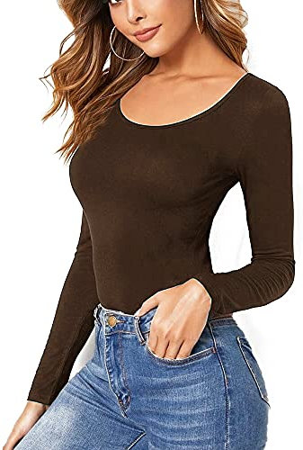 Women Ladies Long Sleeve Round Neck Plain Top Stretchy Casual T Shirts Basic Slim fit Tee Tops 12-14 - Brown