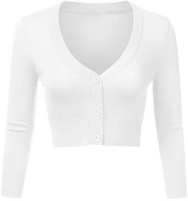 Irevial Damen Bolero Festlich Kurze Strickjacke Elegant Jacke Langarm Cardigan mit Knöpfe Bolerojacke zum Kleid Top für Herbst Frühling Weiß L