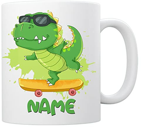EnvyFone Skateboarding Dinosaur Mug - Tyrannosaurus Rex - Personalised Cup with Name - Gift for Kids
