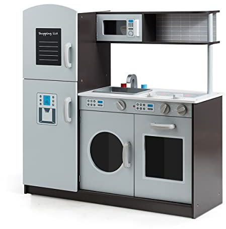 GOPLUS Cocina Juguete de Madera, Cocinita Infantil con Nevera Utensilios Accesorios Divertidos, Cocinitas de Juguetes, Parade 3+ Años (Gris)