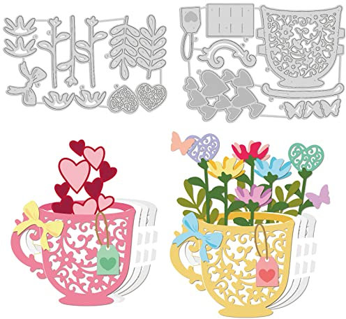 GLOBLELAND 3D Flower Coffee Cup Cutting Dies Metal Love Tea Cup Die Cuts Embossing Stencils Template for Paper Card Making Decoration DIY Scrapbooking Album Craft Decor