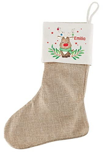 Herz & Heim® Personalisierte Weihnachtssocke für Kamin mit Namen Bedruckt Rentier