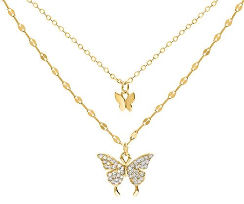 SpirWoRchlan 925 Sterling Silber Halskette Glänzende Schmetterling Quaste Halskette Weibliche Doppelschicht Anhänger Schlüsselbein Kette Hochzeit Party Schmuck Gold