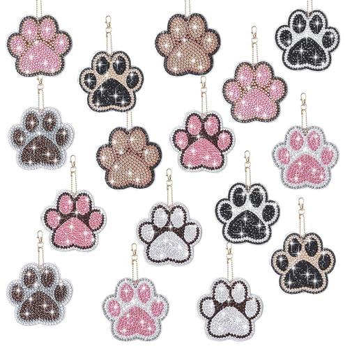 YLOLUL Lot de 16 porte-clés en forme de patte de chien - Peinture diamant en forme de patte de chien - Pour adultes et enfants débutants - Décoration de sac à dos