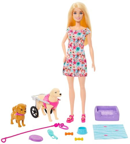 Barbie Coffret Poupée avec 2 Figurines Chien, Chariot Amovible, Roues Fonctionnelles, +10 Pièces, Accessoires Animaux Inclus, Jouet Enfant, A Partir De 3 Ans, HTK37