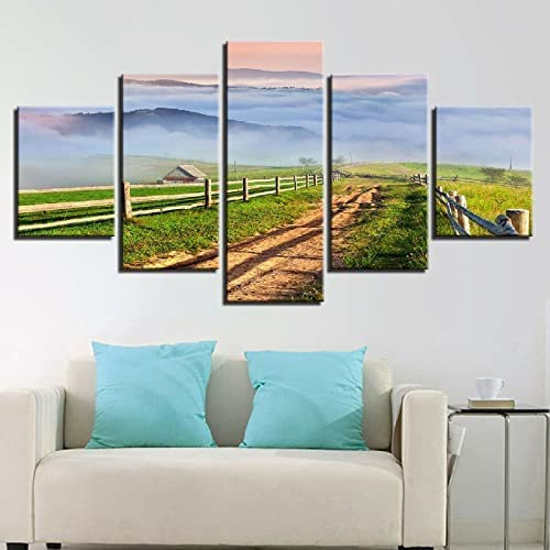 Bilder 5 Teilig Wanddekoration Leinwandbilder Kunstdrucke Leinwand Feldweg-Gras-Zaun 5 Teilig Kunstdruck Modern Wandbilder Fünf Creative Geschenk Kunstwerk Mit Rahmen 100 X 50 Cm