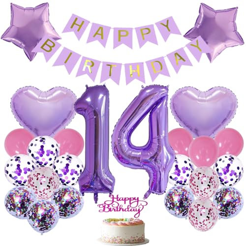 Lila Folienballon für 14. Geburtstag - Happy Birthday Dekoration für Mädchen