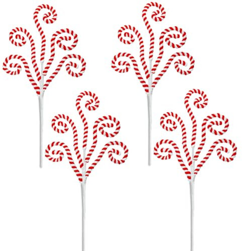 Donfulily 4Pcs Candy Cane Curly Picks Red and White Christmas Tree Decoration Lollipop Shape Stems Xmas Tree Vase Filler Ornaments Centerpieces Holiday Home Decor (Red and White)