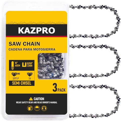 KAZPRO 16 Inch Chainsaw Chain 56 Drive Links, 3/8 LP Pitch, .050 Gauge, Low kickback, Lubrication System Chainsaw Blade fits Echo, Craftsman, Poulan, Homelite, Greenworks, etc, KP-S56 (3 Pack)