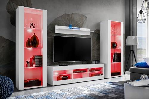 Komodee Wohnwand Wohnzimmerset Tivoli Grande, Weiß/Weiß, Breite 250cm x Höhe 159cm x Tiefe 35cm, LED RGB, für Wohnzimmer, Schlafzimmer