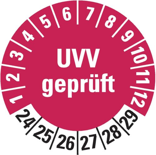 Dreifke® Aufkleber I Prüfplakette UVV geprüft 24-29, rot, Dokumentenfolie, selbstklebend, Ø30mm, 18 Stück