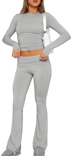 Anotherchill 2-teiliges Lounge-set Für Damen, 2 Piece Lounge Sets Lounge Wear Damen Jog-ger Anzug Langarm Crop Top Und Umklappbare Damen Yoga Schlaghose Lounge Sweatsuits Set
