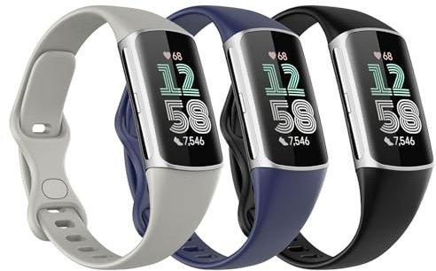 Astorgos 3 Stück Schlankes Armband Kompatibel mit Fitbit Charge 6/Charge 5 für Damen Herren, Dünnes TPE Ersatzarmband Schmales Uhrenarmband, Schwarz/Dunkel Blau/Rock Grau