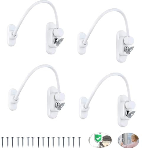 eSynic PVC Window Opening Restrictors 4 Pack Child Window Locks with Self-Drill Screws and Keys Kids Window Safety Lock Window Cable Restrictor for UPVC Wooden Window Perfect for Home Office