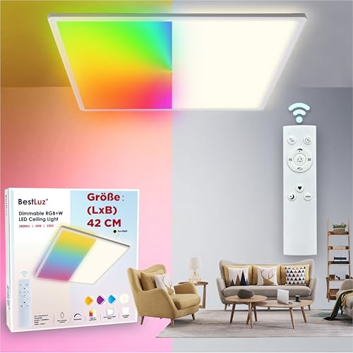 BestLuz LED Deckenlampe Deckenleuchte 42x42 CM 24W RGBW + Neutralweiß 4000K mit Backlight Effekt Fernbedienung LED Panel für Badezimmer Schlafzimmer Wohnzimmer Küche, Ultra Dünn