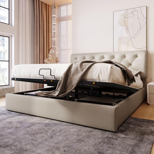 NQSLDM Polsterbett Doppelbett 160 x 200 cm mit Verstellbares Kopfteil, Bett mit Lattenrost aus Metallrahmen, Hydraulisch Stauraumbett mit Bettkasten, Bettgestell aus Leinen, Ohne Matratze, Natural