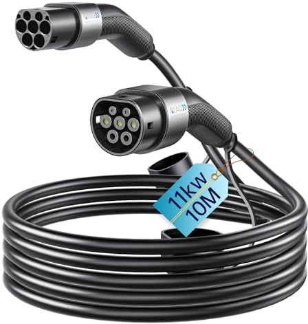 QIAO Câble de Charge de Type 2, câble de Chargeur de Voiture électrique de Type 2 à Type 2 IEC 62196 EV, câble de Charge Rapide Mode 3 EV et PHEV avec Sac de Transport (11 KW, 10 m)