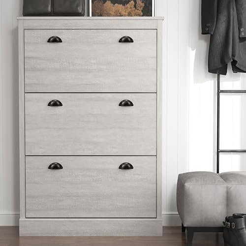 Galano Britley 3 Door Shoe Cabinet – Narrow Entryway Shoe Storage Cupboard with Adjustable Shelves – Dusty Grey Oak Finish – 79.0 x 23.0 x 118.9 cm