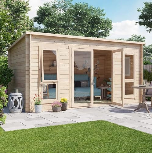 BillyOh Carmen 4m x 2.5m Log Cabin Summer House Shed with 28mm Wall Logs Thickness, Modern Pent Roof, Double Doors & Shatterproof Windows – Garden Room, Gym, Outdoor Office, Studio, or Garden House