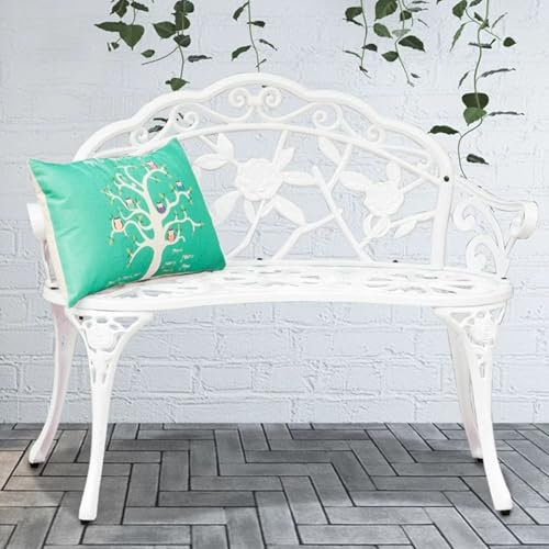 Gartenbank, Bank Outdoor, Sitzbank Outdoor aus Metall für Draußen, Bank für die Veranda, Gemusterte Rückenlehne und Exquisite Armlehnen, Terrassenbank für Garten, Park, Hof, Balkonbank(White)