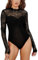 MAYFASEY Women's Floral Lace Bodysuit Mock Neck Long Sleeve Sheer Mesh Bodysuits Going Out Tops, Black, L