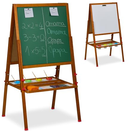 Relaxdays Kinderstandtafel, magnetische Spieltafel, höhenverstellbar, 122-160x65x69 cm, Whiteboard & Kreidetafel, braun