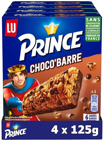 LU PRINCE - Prince de LU Choco'Barre - 4 Boîtes de 6 Barres Individuelles - Barres aux 3 Céréales et Pépites de Chocolat au Lait - Fabriqué en France - Idéal pour un Goûter Gourmand - Lot de 4x125g