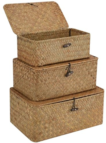 HMIEPRS 3 Pieces Aufbewahrungskorb mit Deckel, Natürliches Seegras Geflochtener Rattan Korb, Regalkörbe Wäschekörbe Make-up-Organizer Aufbewahrungsbox für Badezimmer Küche Wohnzimmer