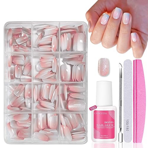 Nagel Tips Set - 240 Stück Rosa Glitzer Cat Eye Falsche Nägel Zum Aufkleben - Schimmerndes Pink Gradient Design Künstliche Fingernägel Fake Nails Soft Gel für Frauen DIY (Rosa Glitzer Quadratisch)
